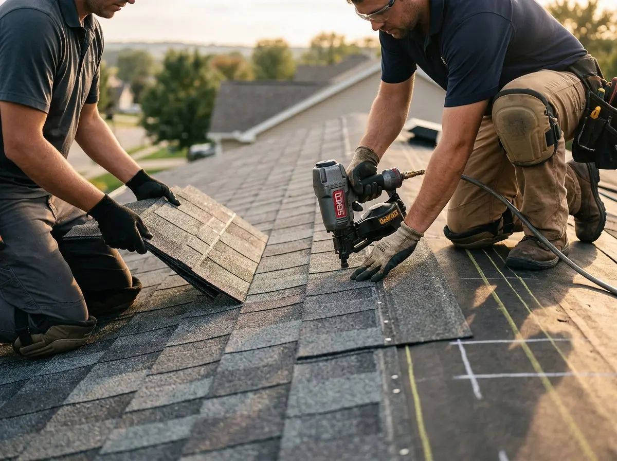 Professional roofer working on a residential roof in Middle Smithfield